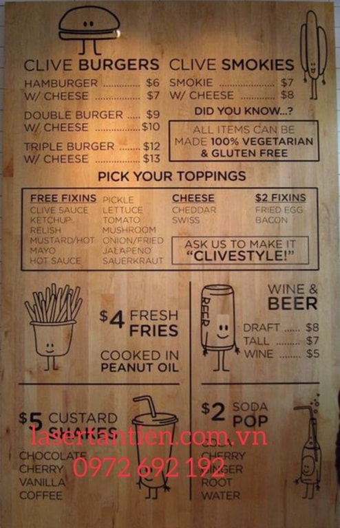 Khắc laser lên bảng gỗ menu gỗ